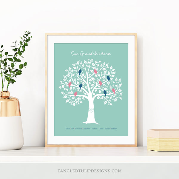 Introducing our heartwarming Family Tree Gift for Grandparents – a personalized print that beautifully captures their precious grandchildren. This editable Family Tree has each grandchild depicted as a little bird nestled within the branches. Instant Download and Editable in Corjl. By Tangled Tulip Designs.