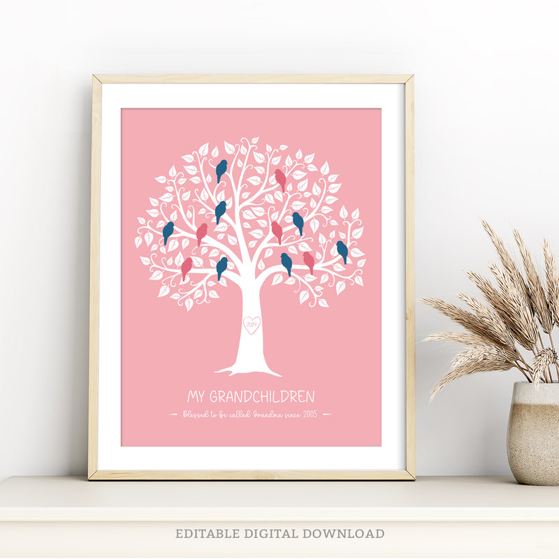 A Family Tree template for a Grandma who cherishes her grandchildren. Each grandchild is portrayed as a sweet little bird in the tree.  By Tangled Tulip Designs.