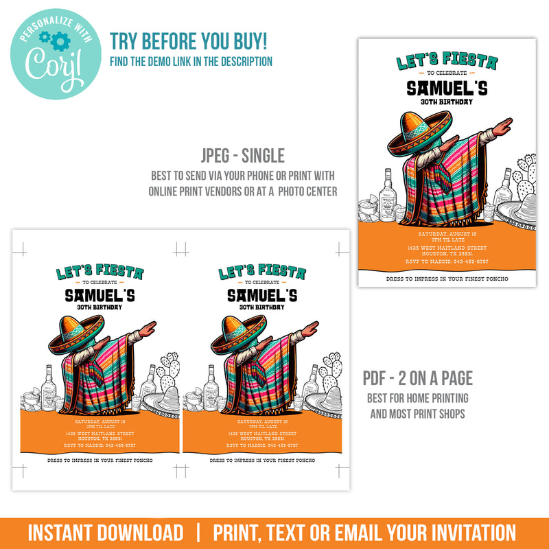 Editable Mexican Fiesta Birthday Invitation. Mexican Man Dabbing Fiesta Party Digital Invite