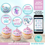 Under the Sea 1st Birthday Cupcake Toppers Template Girl Whale Starfish