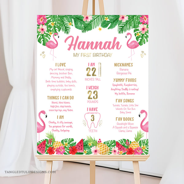 A Tropical Flamingo First Birthday Milestones poster featuring charming pink flamingos, lush tropical leaves, flowers, and fruits in a pretty watercolor design with elegant gold accents. Instant Download and Editable in Corjl. By Tangled Tulip Designs.