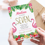 A fabulously fun birthday invitation bursting with tropical vibes. Featuring adorable flamingos, and pretty tropical leaves, flowers and fruits, perfect for a little girl's birthday party in paradise. Tangled Tulip Designs - Birthday Invitations