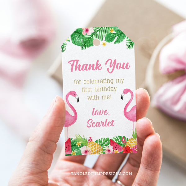 Editable Tropical Flamingo First Birthday party thank you tags with gold accents. Add a personal touch to your tropical 1st birthday favors with this printable tag template.