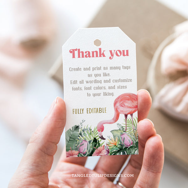 These elegant favor gift tags feature flamingos and tropical flowers, in a charming watercolor design with gold accents. These tags are the perfect finishing touch for any event, whether it's a birthday party, bridal shower, retirement celebration, or any other special occasion.