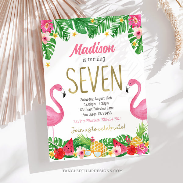 A fabulously fun birthday invitation bursting with tropical vibes. Featuring adorable flamingos, and pretty tropical leaves, flowers and fruits, perfect for a little girl's birthday party in paradise. Tangled Tulip Designs - Birthday Invitations