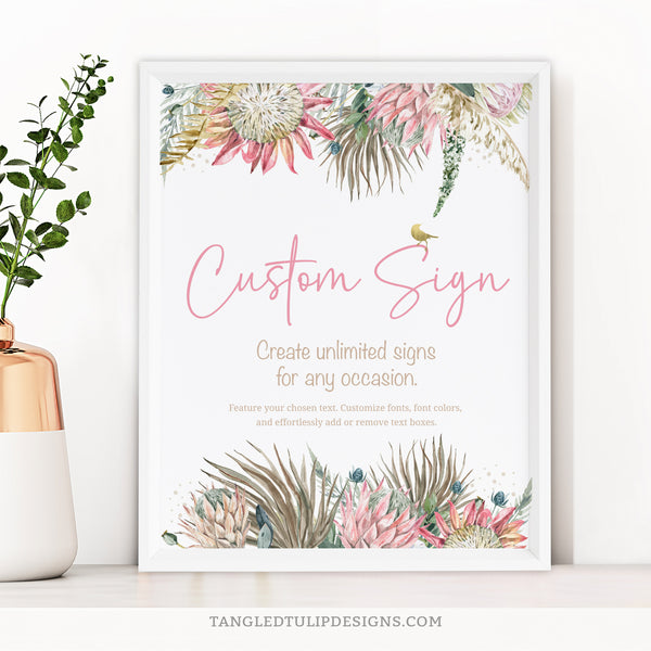 This elegant sign showcases delicate watercolor proteas and flowers, with gold accents, all within a charming bohemian design. With its editable and versatile nature, this custom sign can be used to welcome guests, display the menu, or label a gift table. It serves as the perfect finishing touch for any event, be it a birthday party, bridal shower, retirement celebration, or any other special occasion.