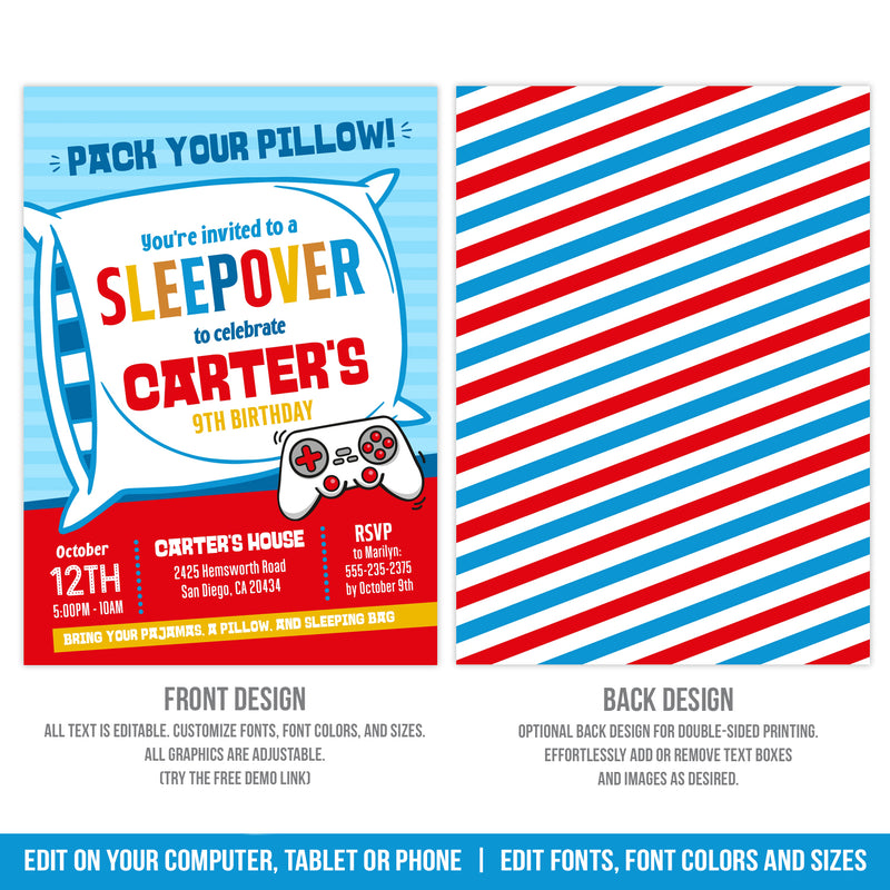 Sleepover and Gaming Party Invite Boys Gaming Controller Sleepover Birthday Invitation Template