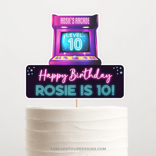 Arcade Birthday Cake Topper for a girl. Printable digital download. Personalize the arcade cake topper.