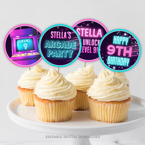 Arcade party cupcake toppers for girls. It's Game On with this editable cupcake topper template. Pink and Blue neon glow design.