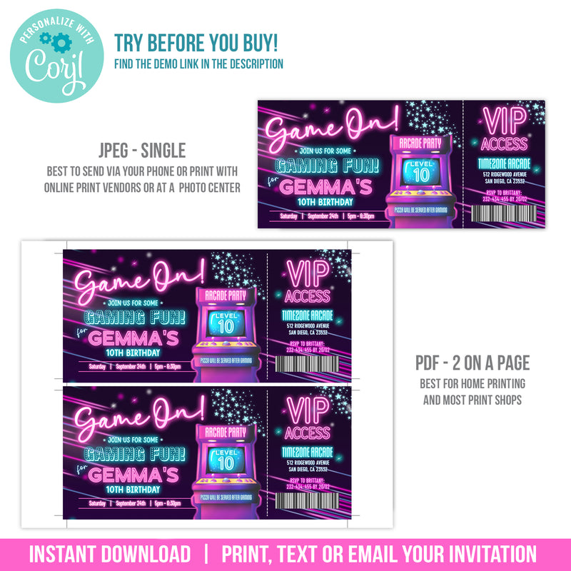 Editable Arcade Birthday Invitation Ticket, Girl Arcade Party Digital Invite Ticket Template