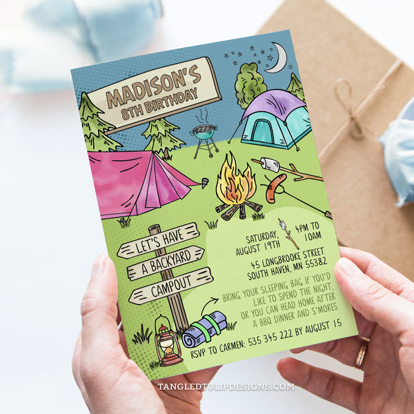 This editable Backyard Campout birthday invitation for girls features tents, a campfire and bbq marshmallows. Template to Edit in Corjl. By Tangled Tulip Designs.