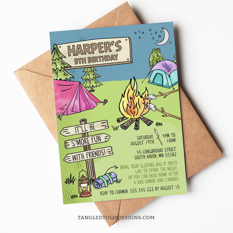 S'mores Campout Birthday Invitation Template for Girls. Editable S'more Camping Party Digital Invite