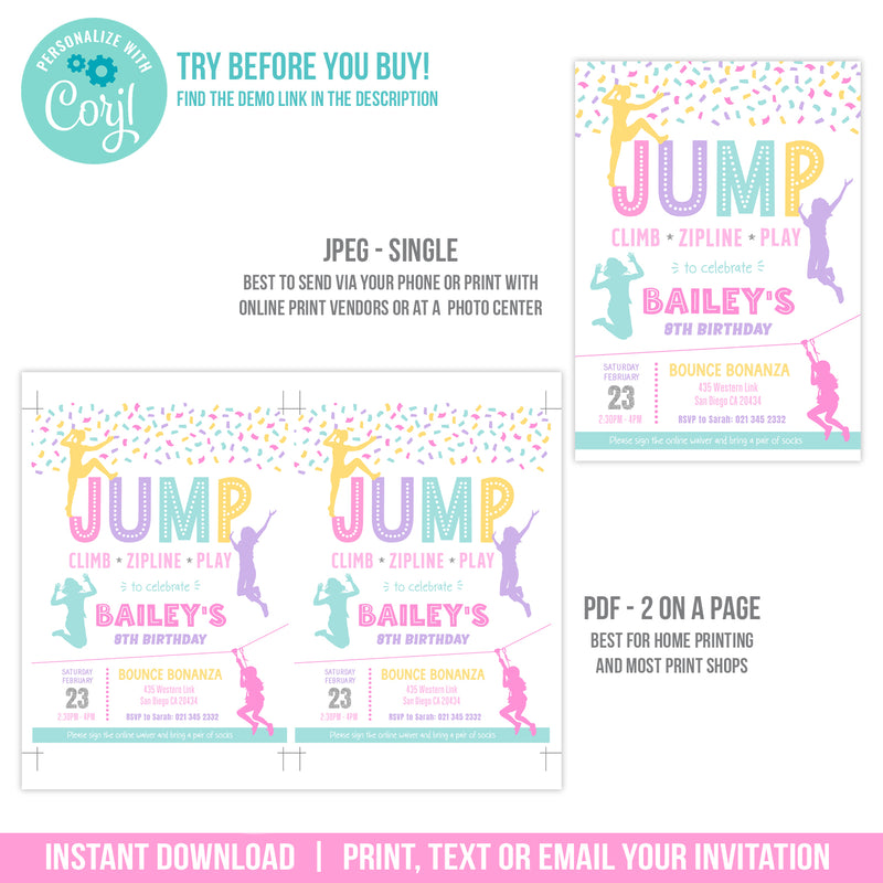Jump Climb Zipline Play Birthday Invitation. EDITABLE Girls Jumping Bounce Party Invite in Pastels.  JUM1
