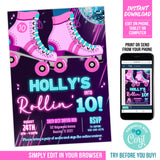 Editable Roller Skating Birthday Invitation, Rollin' Girls Roller Skate Party Digital Invite