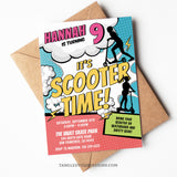 A Girl's Scooter Birthday invitation in a vibrant comic style. It's scooter time, so grab your scooters and ramp up the excitement with this editable Scooter party invite. Instant Download and Editable in Corjl. By Tangled Tulip Designs.
