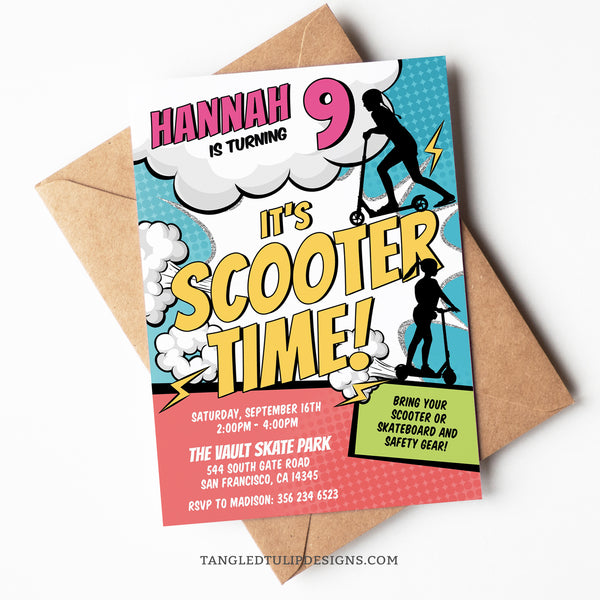 A Girl's Scooter Birthday invitation in a vibrant comic style. It's scooter time, so grab your scooters and ramp up the excitement with this editable Scooter party invite. Instant Download and Editable in Corjl. By Tangled Tulip Designs.