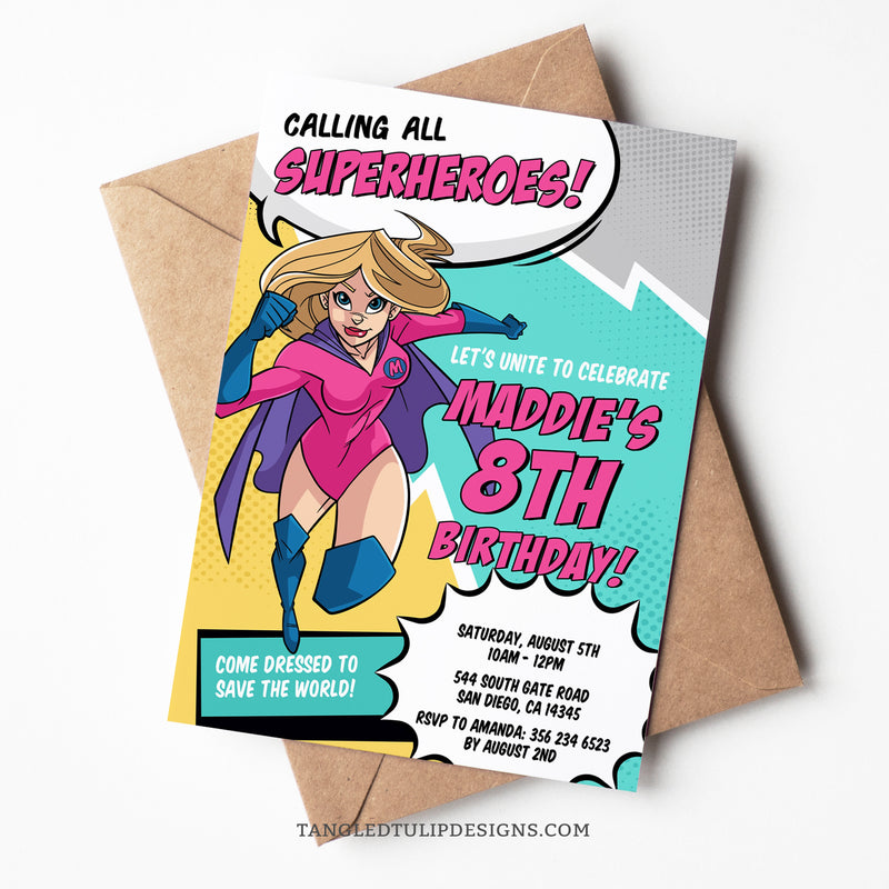 This editable girl Superhero birthday invitation features a vibrant comic book style design and Supergirl calling her friends to unite for a party.