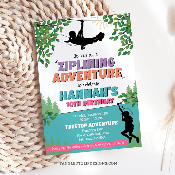 ziplining birthday invitation for an outdoor adventure party, with girls ziplining in a pretty forest scene.  Tangled Tulip Designs - Birthday Invitations