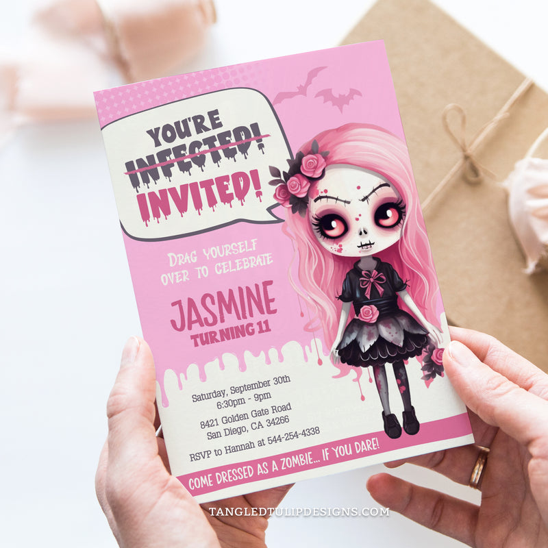 Girl Zombie party invitation with cute little zombie girl. Perfect for a teen or tween girl zombie birthday party.  Template to Edit in Corjl. By Tangled Tulip Designs.