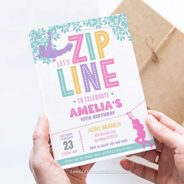 Editable Ziplining party invitation for girls, for zipline fun. Editable Birthday Invitation Template