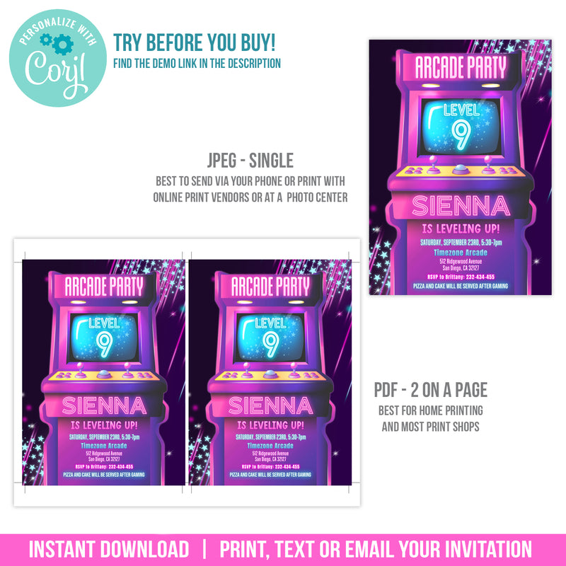 Arcade Birthday Invitation Template, Girl Arcade Game Party Digital Invite