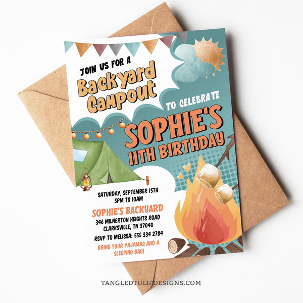 A Backyard Campout birthday invitation featuring a big campfire, roasting marshmallows for s'mores, a camping tent and pretty flags and lights. Template to Edit in Corjl. By Tangled Tulip Designs.