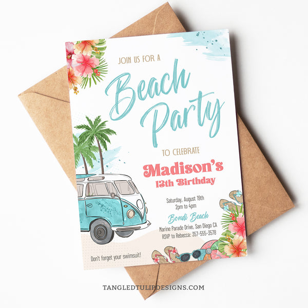 A Beach Party editable invitation for teen girls, featuring a VW bus, palm trees, tropical flowers, a beach ball and sunglasses. A sophisticated look for a teen girl beach party. Edit in Corjl. By Tangled Tulip Designs.