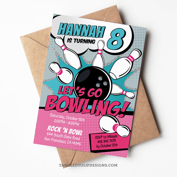 This editable bowling birthday invitation for girls features a vibrant comic style design with a big bowling ball striking pins! It's sure to get the excitement going for a fun-filled bowling birthday party. Tangled Tulip Designs - Birthday Invitations