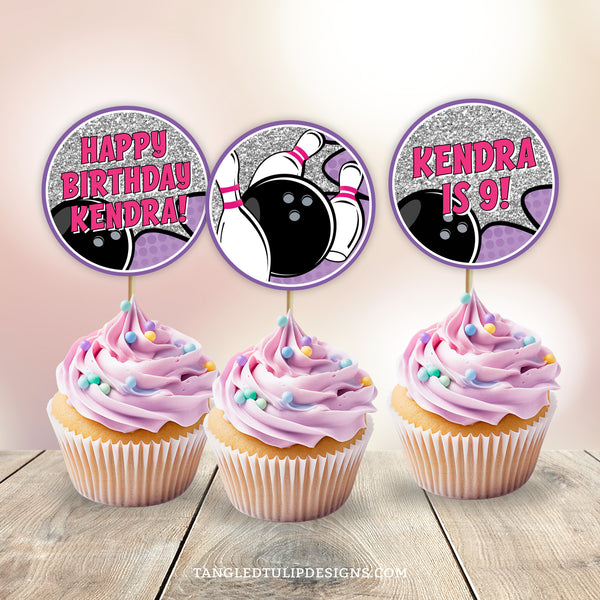 Editable Bowling party cupcake toppers for a girl's tenpin bowling party. Purple, glitter silver and hot pink, with bowling ball smashing pins! The perfect addition to bowling party decor. Instant Download and Editable in Corjl. By Tangled Tulip Designs.