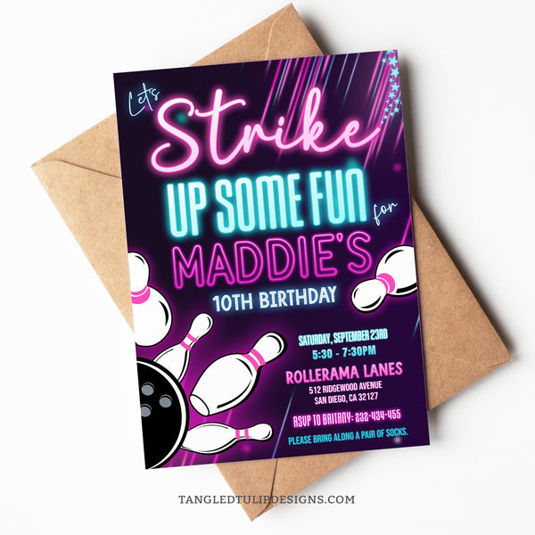 Editable Bowling party invite for girls in a neon glow design. Let's Strike Up Some Fun with this glowing bowling party invite. Template to Edit in Corjl. By Tangled Tulip Designs.