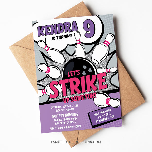 A bowling birthday party invitation for girls. Let's Strike Up Some Fun with this a comic style invite in purple, glitter silver and hot pink. With a bowling ball smashing pins for a strike! Perfect for a fun-filled bowling party. Tangled Tulip Designs - Birthday Invitations