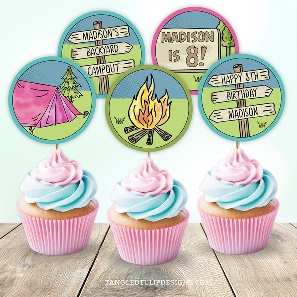 Camping birthday cupcake toppers for a backyard campout for girls. Featuring a pink tent, campfire and personalized camping signs. These are a great addition to camping party decorations. Edit in Corjl. By Tangled Tulip Designs.