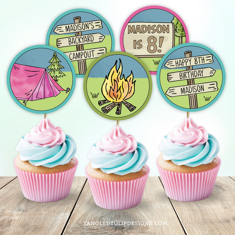 Camping birthday cupcake toppers for a backyard campout for girls. Featuring a pink tent, campfire and personalized camping signs. These are a great addition to camping party decorations. Edit in Corjl. By Tangled Tulip Designs.