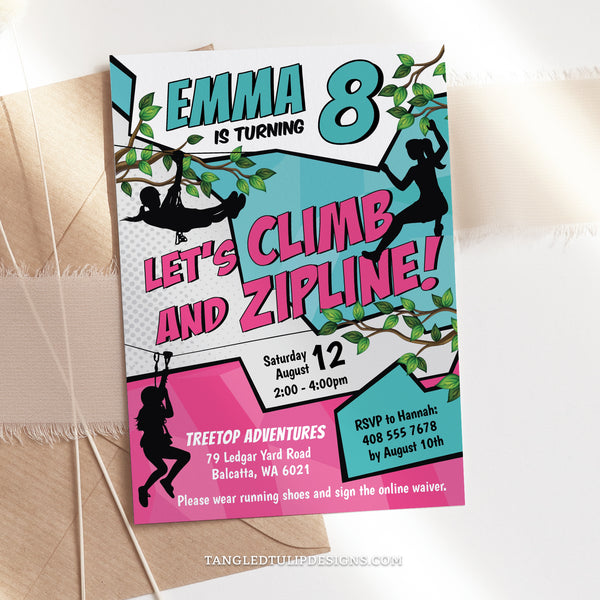 Zoom into Ziplining Birthday fun! Take the celebration to new heights with this editable invitation, featuring girls ziplining across the design. Set the stage for an exhilarating day filled with thrills and excitement.