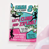 Zoom into Ziplining Birthday fun! Take the celebration to new heights with this editable invitation, featuring girls ziplining across the design. Set the stage for an exhilarating day filled with thrills and excitement.