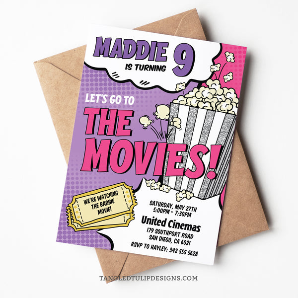 This movie-themed invitation sets the scene with a big pink box of popcorn popping with excitement! Get ready with a splash of purple, hot pink, and glitter silver, promising a fun-filled celebration! Tangled Tulip Designs - Birthday Invitations