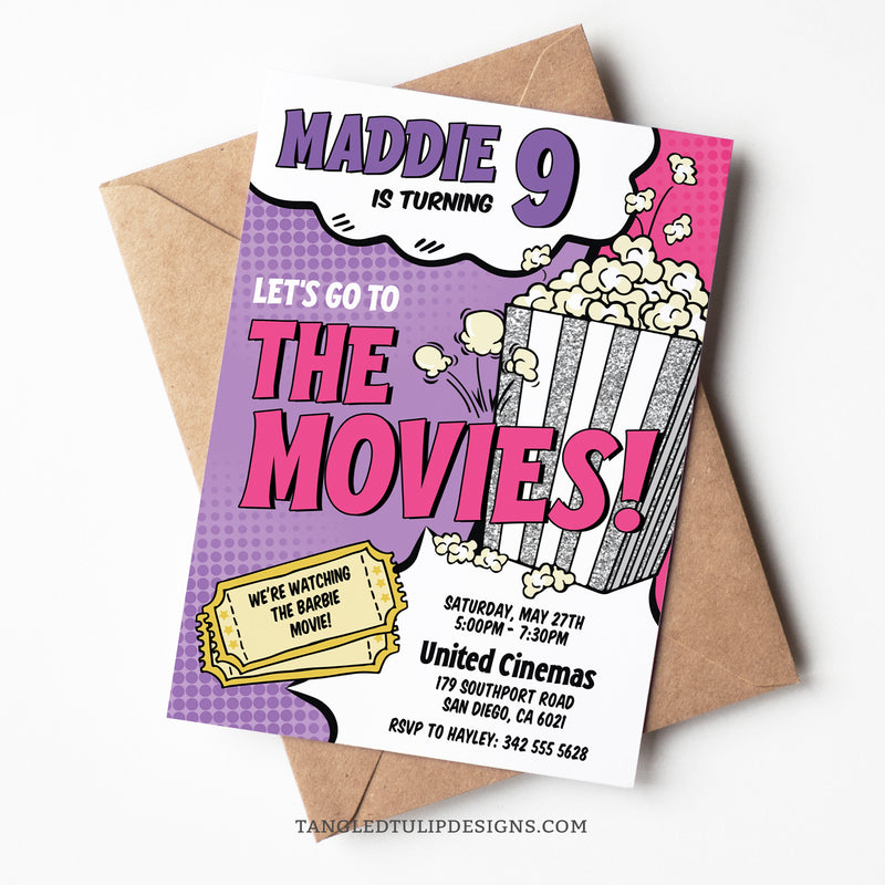 This movie-themed invitation sets the scene with a big pink box of popcorn popping with excitement! Get ready with a splash of purple, hot pink, and glitter silver, promising a fun-filled celebration! Tangled Tulip Designs - Birthday Invitations