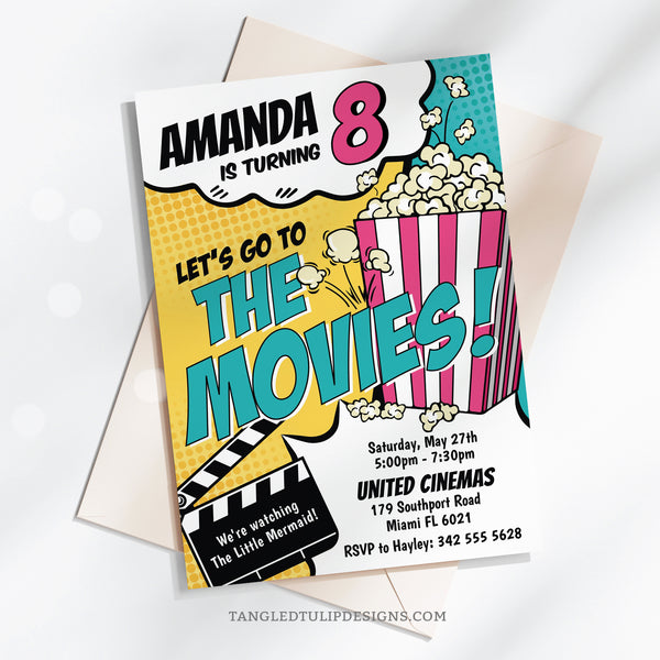 This editable movie birthday invitation features a vibrant comic style design with a big box of popcorn that's popping all over! Set the scene for a fun-filled movie party for girls. Let's Go To The Movies! Tangled Tulip Designs - Birthday Invitations