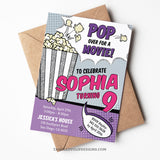 Lights, camera, action! Get ready for a blockbuster birthday bash with our Movie Birthday Invitation! This invite sets the stage for a popcorn and movies party like no other, featuring a glittering silver box of popcorn that's popping all over! Tangled Tulip Designs - Birthday Invitations