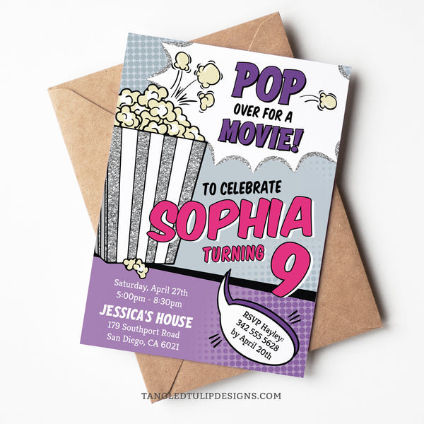 Lights, camera, action! Get ready for a blockbuster birthday bash with our Movie Birthday Invitation! This invite sets the stage for a popcorn and movies party like no other, featuring a glittering silver box of popcorn that's popping all over! Tangled Tulip Designs - Birthday Invitations