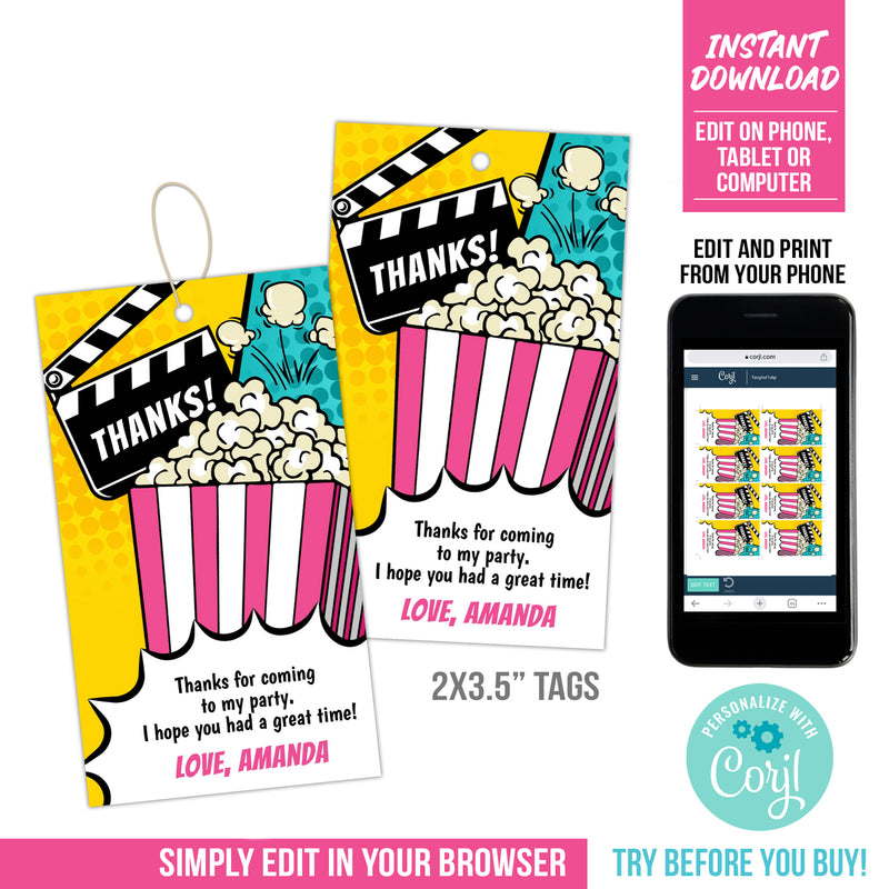 Editable Movie Party Tags for girls. Movie Birthday Favor Gift Tags. Popcorn & Movie Party Tag Template. MO3