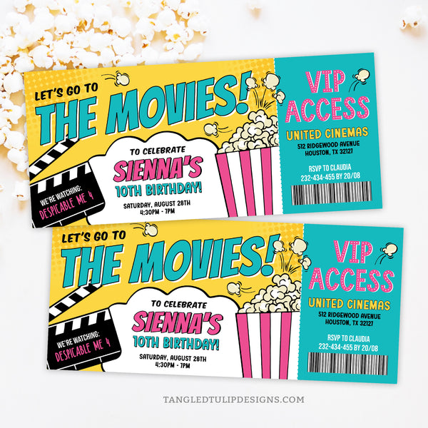 A Movie Birthday Invitation Ticket featuring popping popcorn and a clapper board with the movie name, this design sets the stage for an unforgettable cinematic celebration. Get ready for VIP access to the ultimate movie experience—Let's Go To The Movies! Tangled Tulip Designs - Birthday Invitations