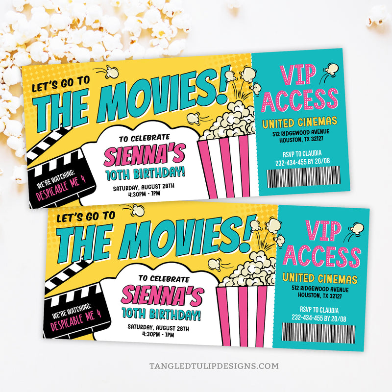 A Movie Birthday Invitation Ticket featuring popping popcorn and a clapper board with the movie name, this design sets the stage for an unforgettable cinematic celebration. Get ready for VIP access to the ultimate movie experience—Let's Go To The Movies! Tangled Tulip Designs - Birthday Invitations