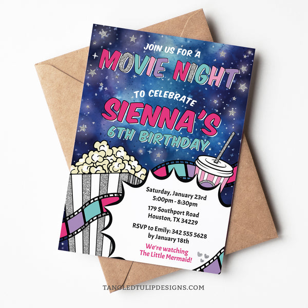 This Movie Night birthday invitation for a girl's movie party, features a twinkling starry night sky with a big box of popcorn and movie strip, with glitter silver accents. Let's set the scene for a fun-filled movie night birthday!