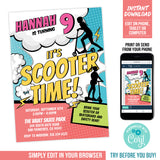 Girl Scooter Birthday Invitation, EDITABLE Scooter Party Invite for Girls, It's Scooter Time! Scootering Birthday Invite Template