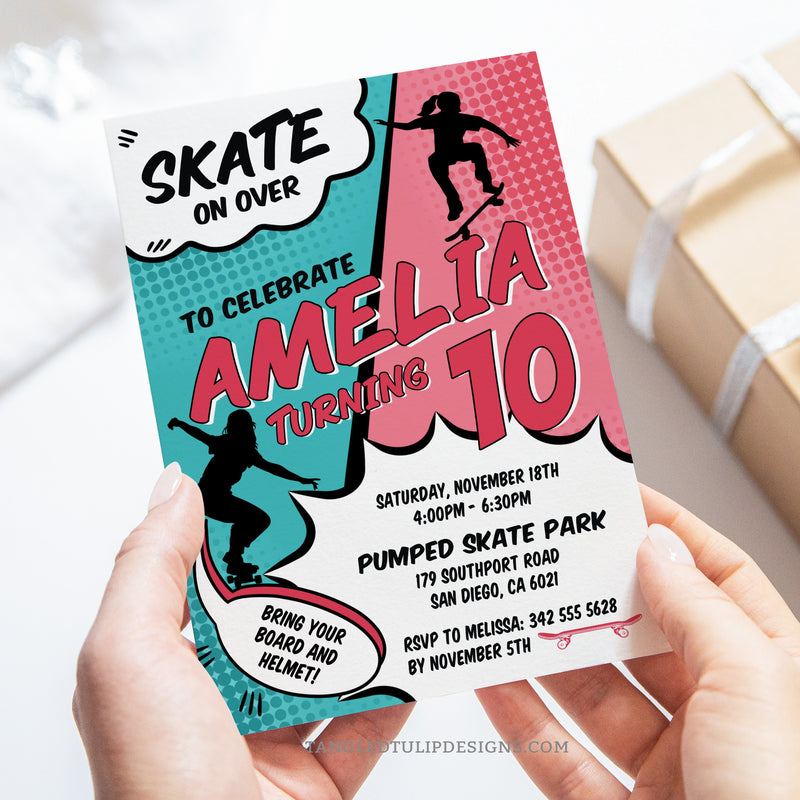 Get ready to shred and skate into the coolest skater party in town with this editable Skateboarding Birthday Invitation. Set the scene for an epic skater party! So grab your boards and gear up for an unforgettable skater girl birthday. Tangled Tulip Designs - Birthday Invitations