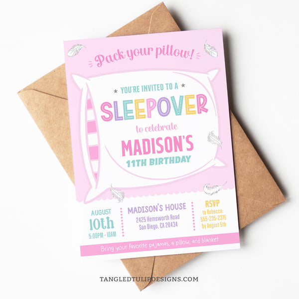 A Sleepover party invitation for girls. Get ready for a fun-filled sleepover party with this design featuring a big fluffy pillow and delicate feathers floating around. Pack Your Pillow, girls! Tangled Tulip Designs