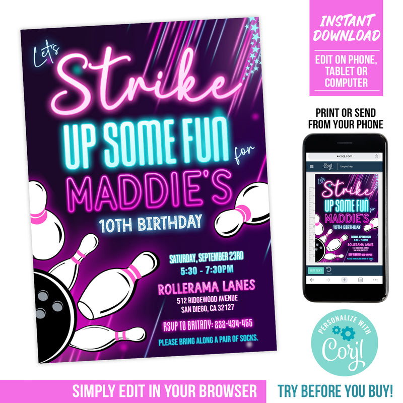 Editable Bowling Party Invite, Girl Neon Glow Bowling Birthday Invitation Template