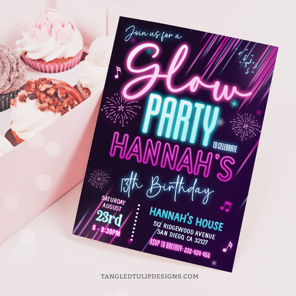 Glow Party Invitation for a Glow in the Dark Birthday for Girls