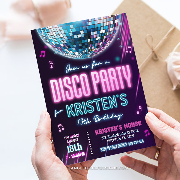 Neon Glow in the Dark Disco Birthday Party Invitation for teen and tween girls. By Tangled Tulip Designs. 